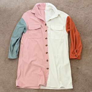 Colorblock Corduroy Trench Coat - Pink, Cream, Blue & Orange